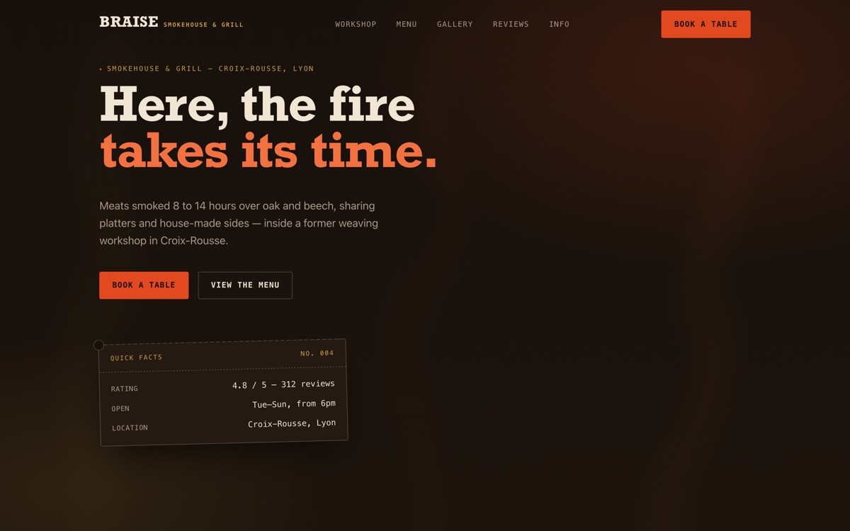 BRAISE Smokehouse & Grill homepage — dark, ember-toned landing page