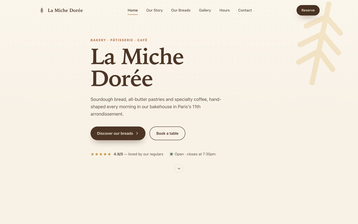 La Miche Dorée homepage — warm cream and wood-toned bakery site