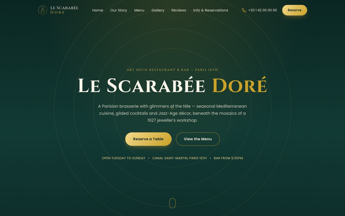 Le Scarabée Doré homepage — emerald and gold Art Deco brasserie site